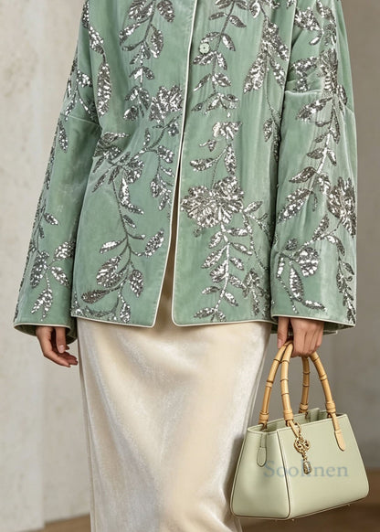 Chinese Style Green Sequins Embroidered Velvet Coat Fall