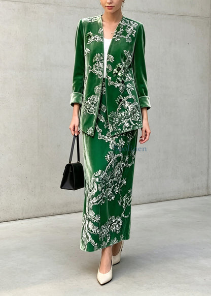 Chinese Style Green Sequins Velvet Top And Skirts Two Pieces Set Fall