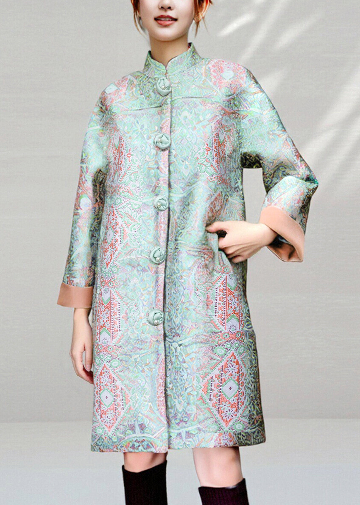 Abrigos gruesos de otoño con bolsillos y botones y cuello alto verde estilo chino