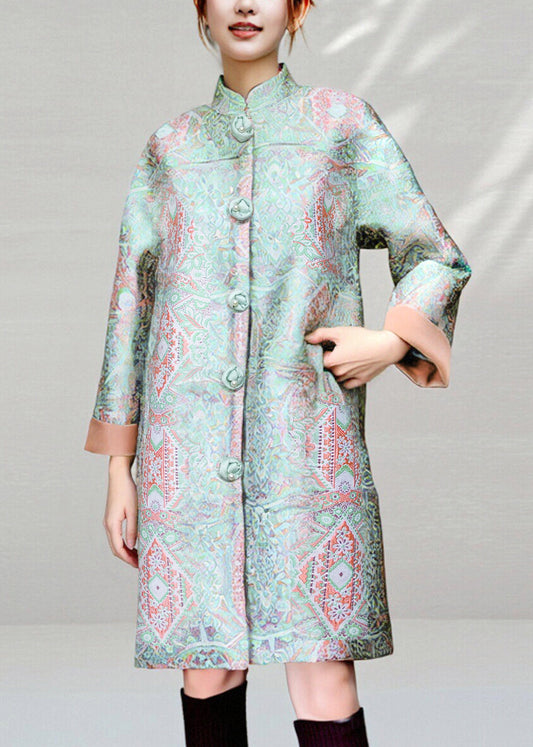 Abrigos gruesos de otoño con bolsillos y botones y cuello alto verde estilo chino