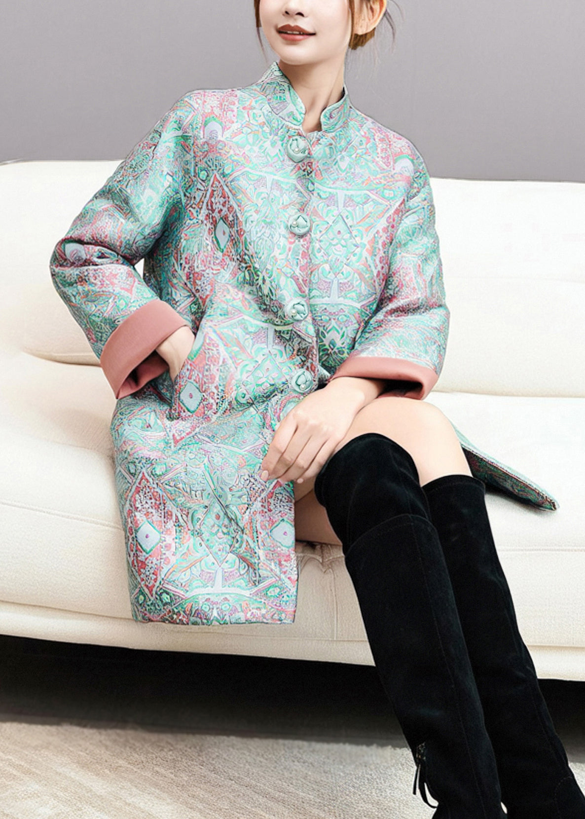 Abrigos gruesos de otoño con bolsillos y botones y cuello alto verde estilo chino