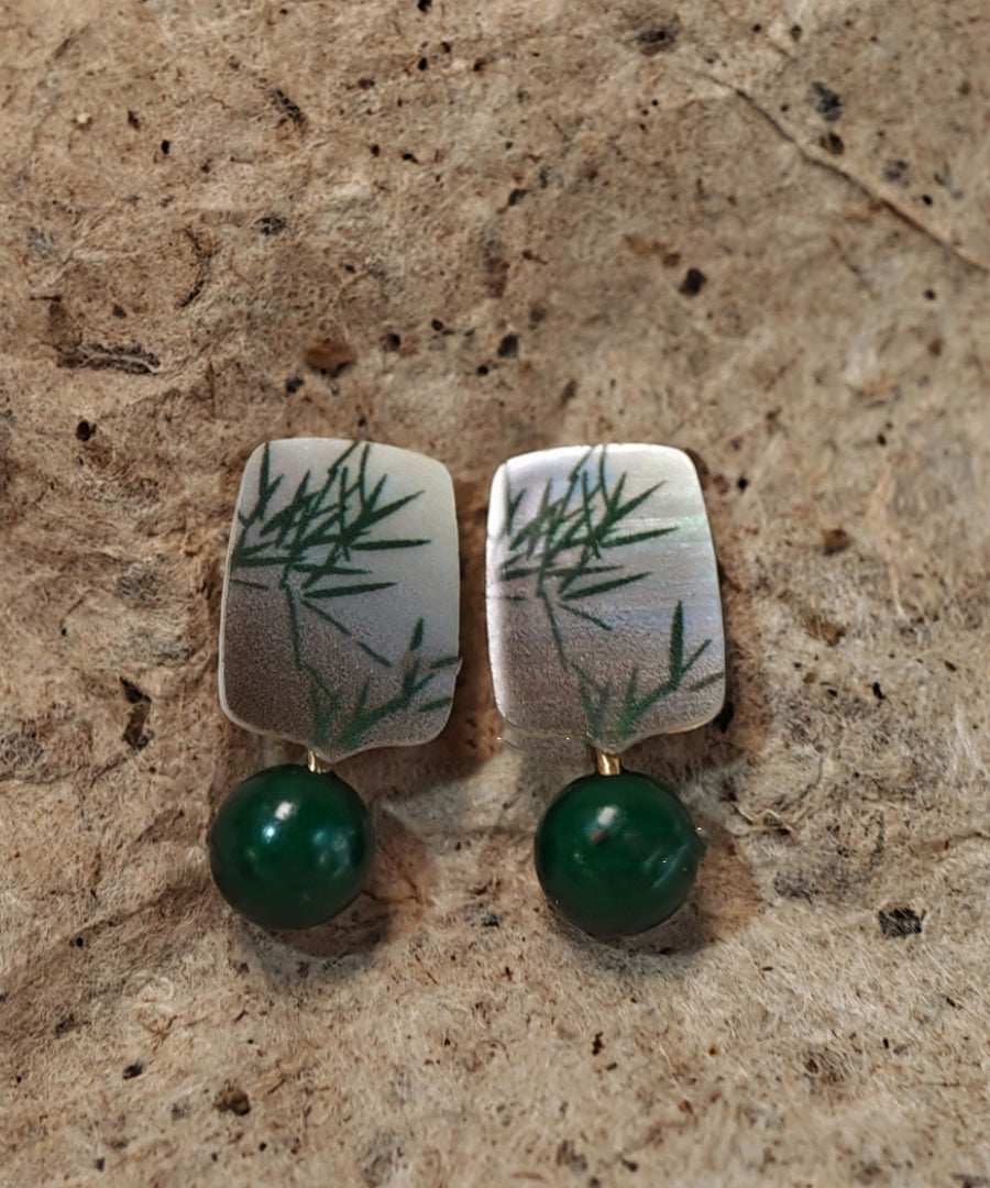 Chinese Style Green Sterling Silver Overgild Agare Drop Earrings