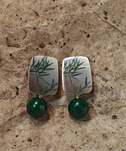 Chinese Style Green Sterling Silver Overgild Agare Drop Earrings