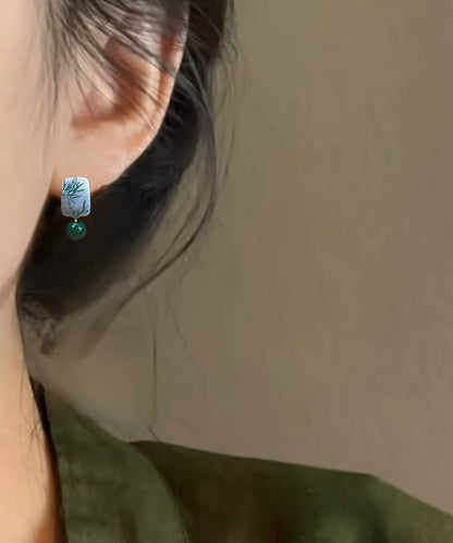 Chinese Style Green Sterling Silver Overgild Agare Drop Earrings