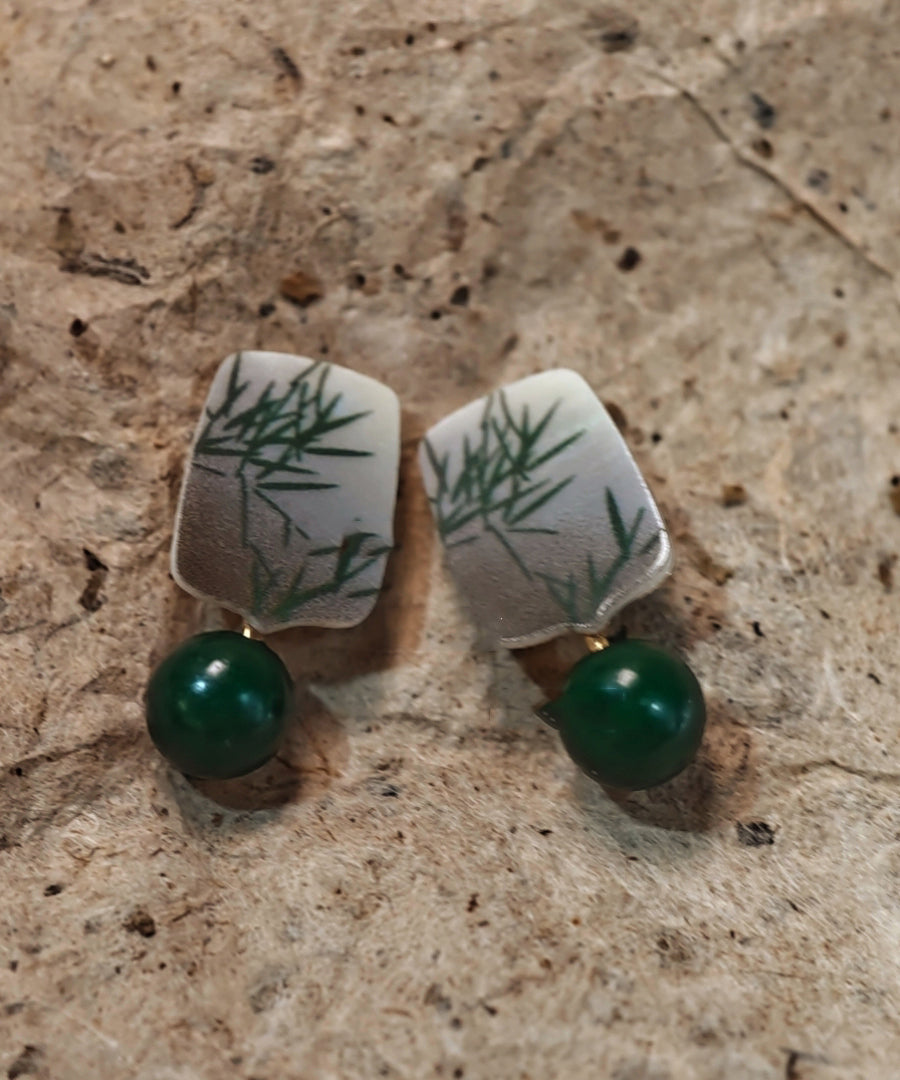 Chinese Style Green Sterling Silver Overgild Agare Drop Earrings