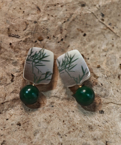 Chinese Style Green Sterling Silver Overgild Agare Drop Earrings