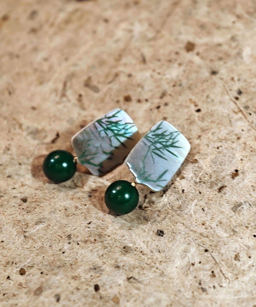 Chinese Style Green Sterling Silver Overgild Agare Drop Earrings