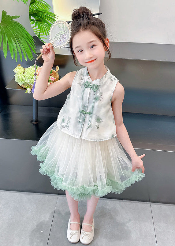 Chinese Style Green Tasseled Print Tulle Baby Girls Two Pieces Set Summer