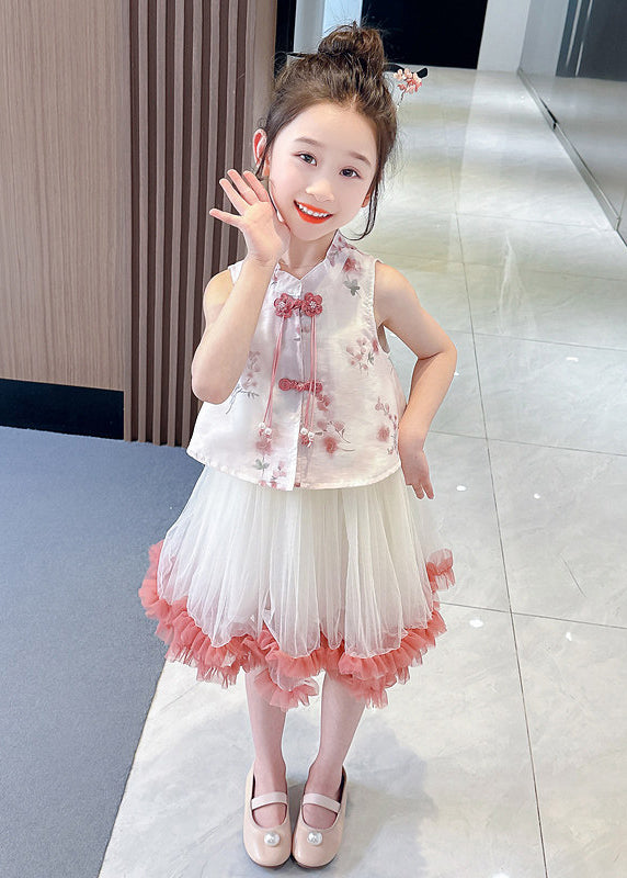 Chinese Style Green Tasseled Print Tulle Baby Girls Two Pieces Set Summer