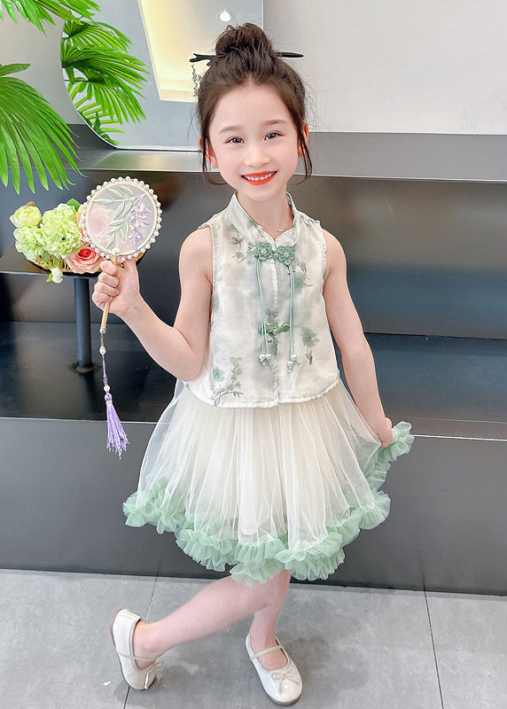 Chinese Style Green Tasseled Print Tulle Baby Girls Two Pieces Set Summer