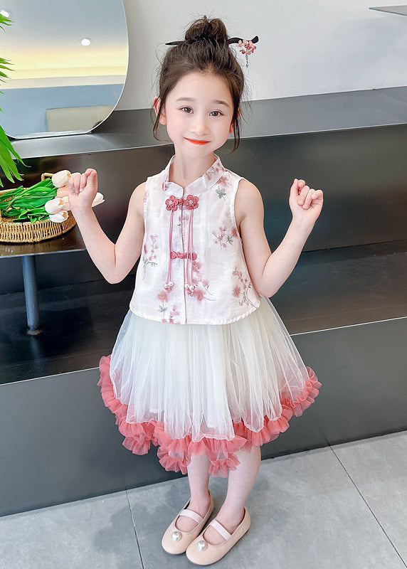Chinese Style Green Tasseled Print Tulle Baby Girls Two Pieces Set Summer