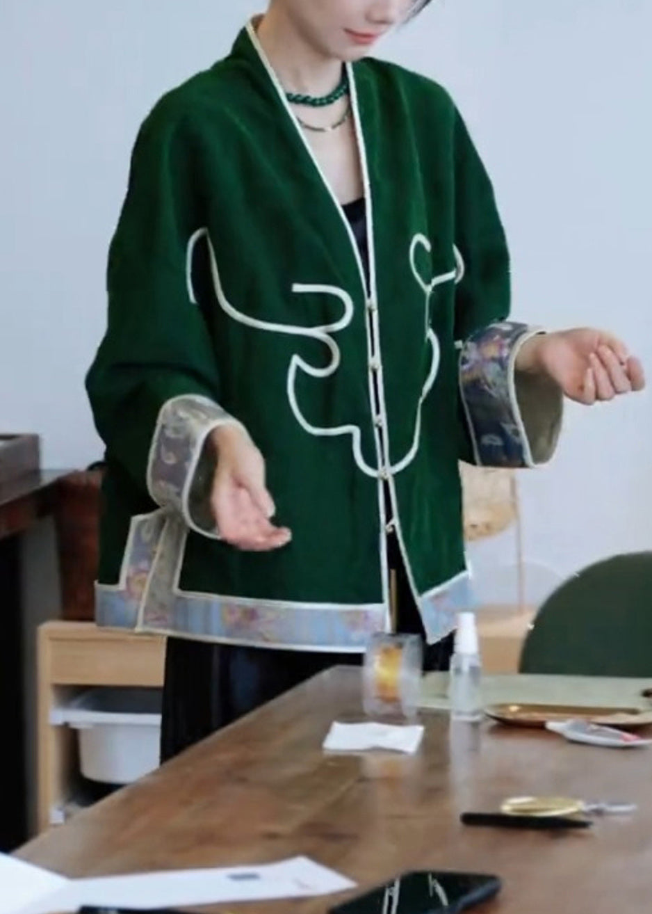 Cárdigan de algodón con cuello en V verde estilo chino de primavera