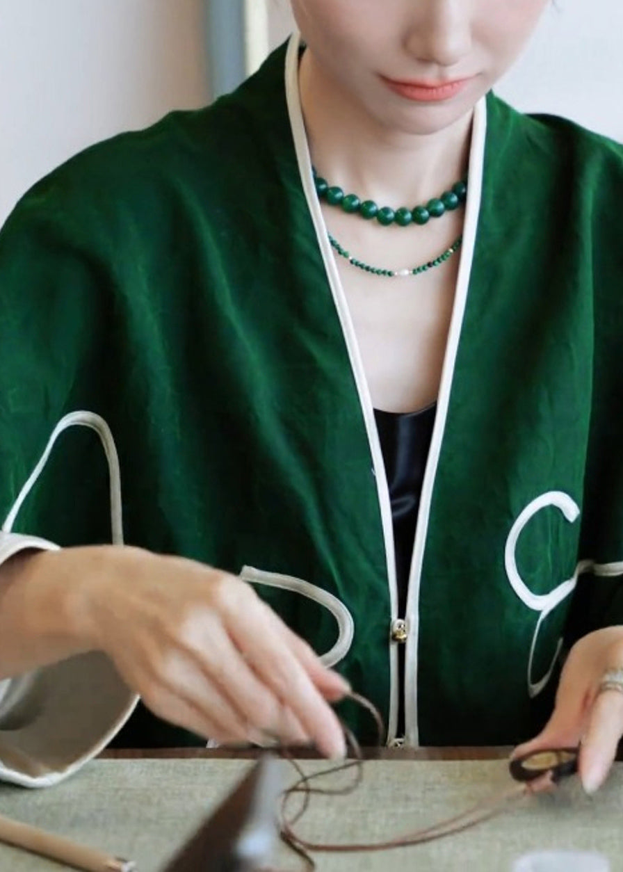 Cárdigan de algodón con cuello en V verde estilo chino de primavera