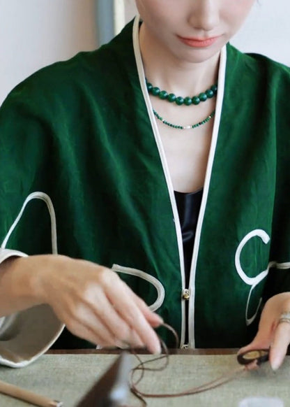 Cárdigan de algodón con cuello en V verde estilo chino de primavera