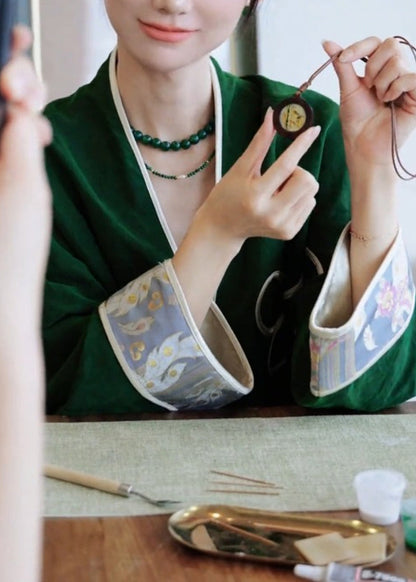 Cárdigan de algodón con cuello en V verde estilo chino de primavera