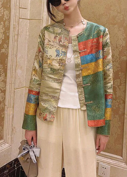 Chinesischen Stil Grünen taste O-Ausschnitt Print Mäntel Frühling