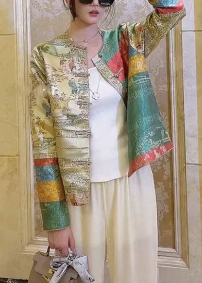 Chinesischen Stil Grünen taste O-Ausschnitt Print Mäntel Frühling