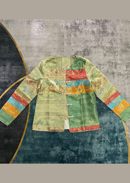 Chinesischen Stil Grünen taste O-Ausschnitt Print Mäntel Frühling