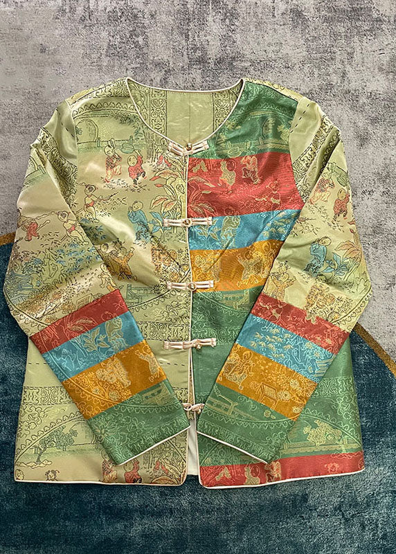 Chinesischen Stil Grünen taste O-Ausschnitt Print Mäntel Frühling