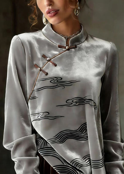 Chinese Style Grey Oriental Button Velour Shirts Spring