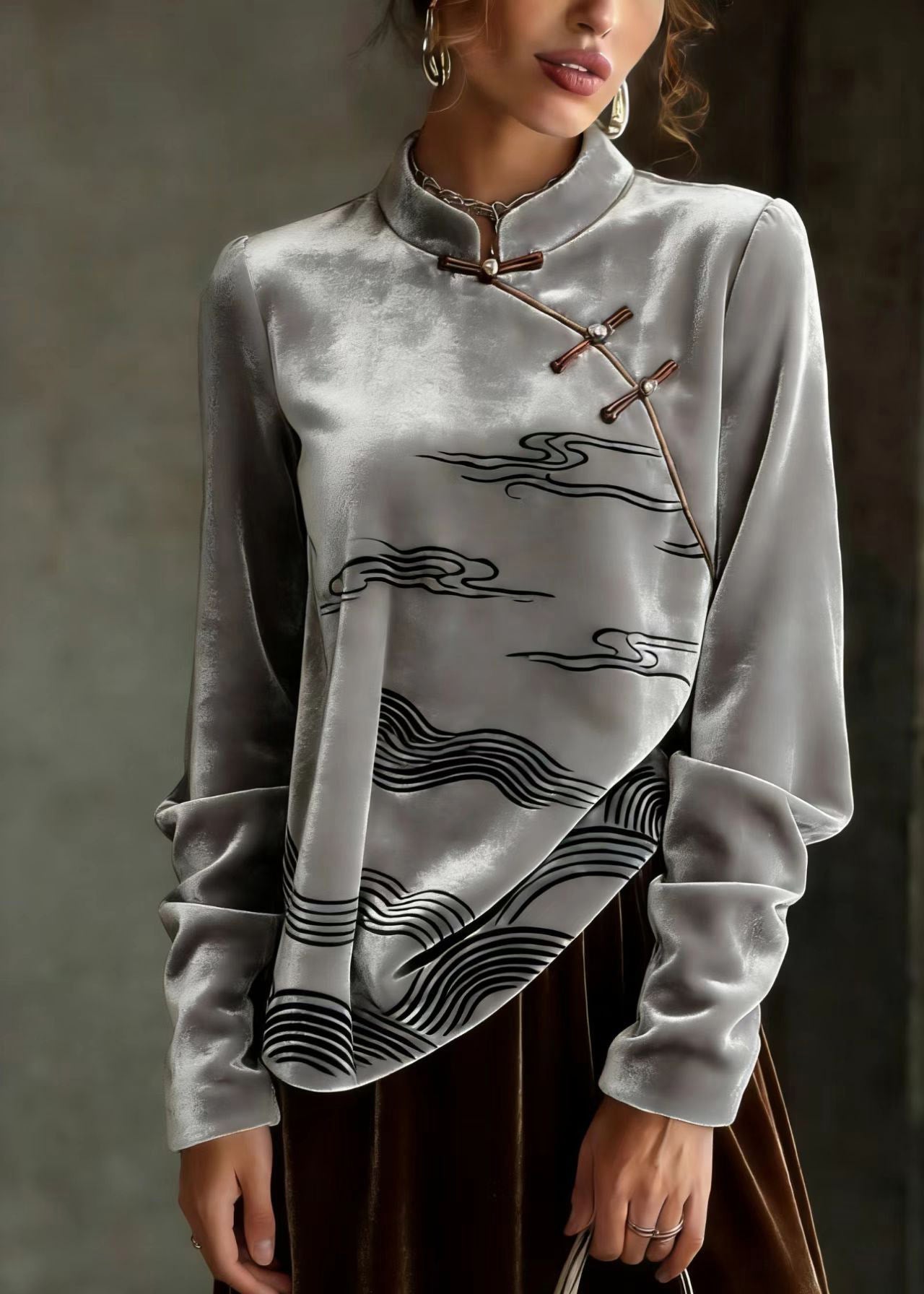 Chinese Style Grey Oriental Button Velour Shirts Spring