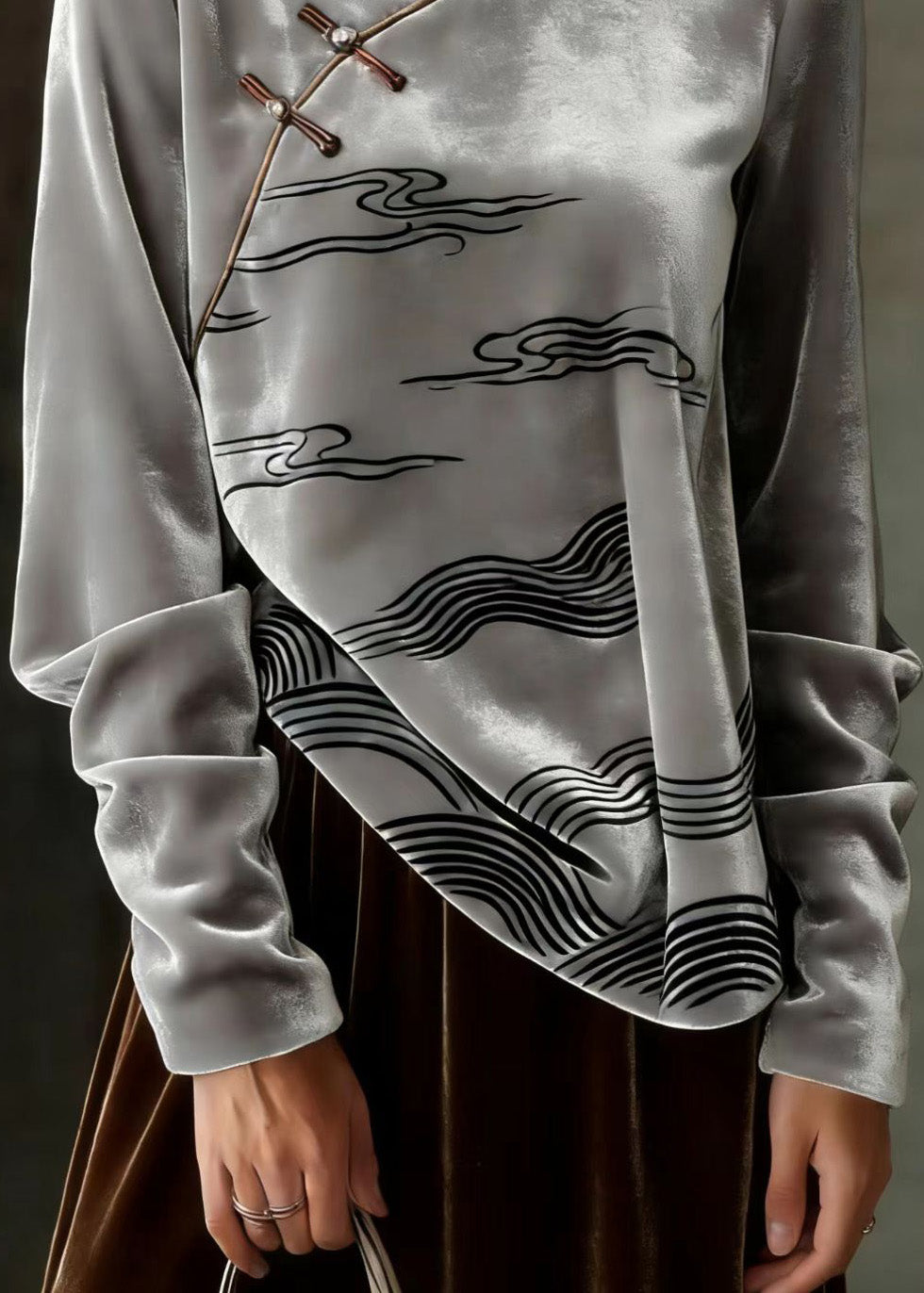 Chinese Style Grey Oriental Button Velour Shirts Spring