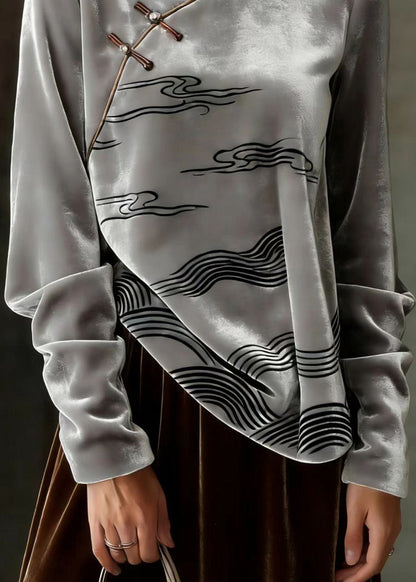 Chinese Style Grey Oriental Button Velour Shirts Spring