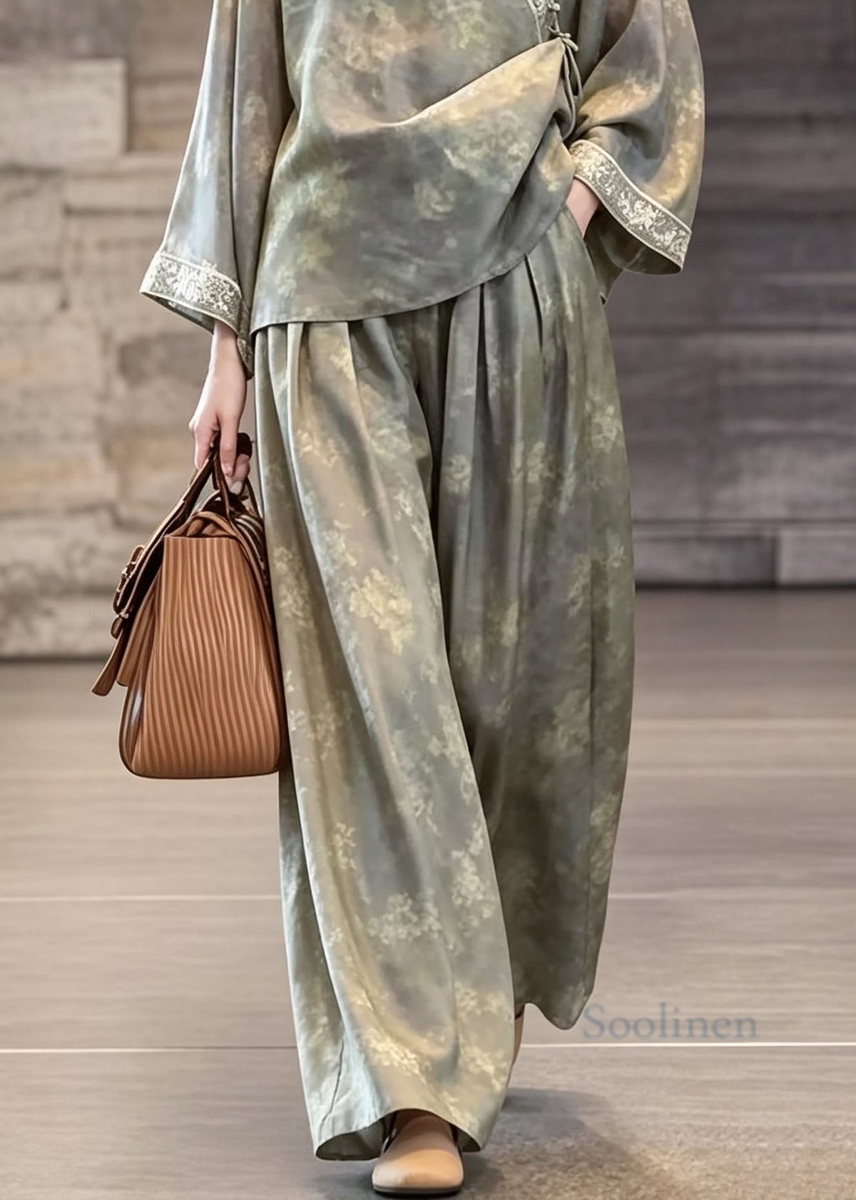 Chinese Style Grey Print Oriental Button Silk Two Pieces Set Fall