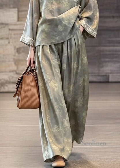 Chinese Style Grey Print Oriental Button Silk Two Pieces Set Fall