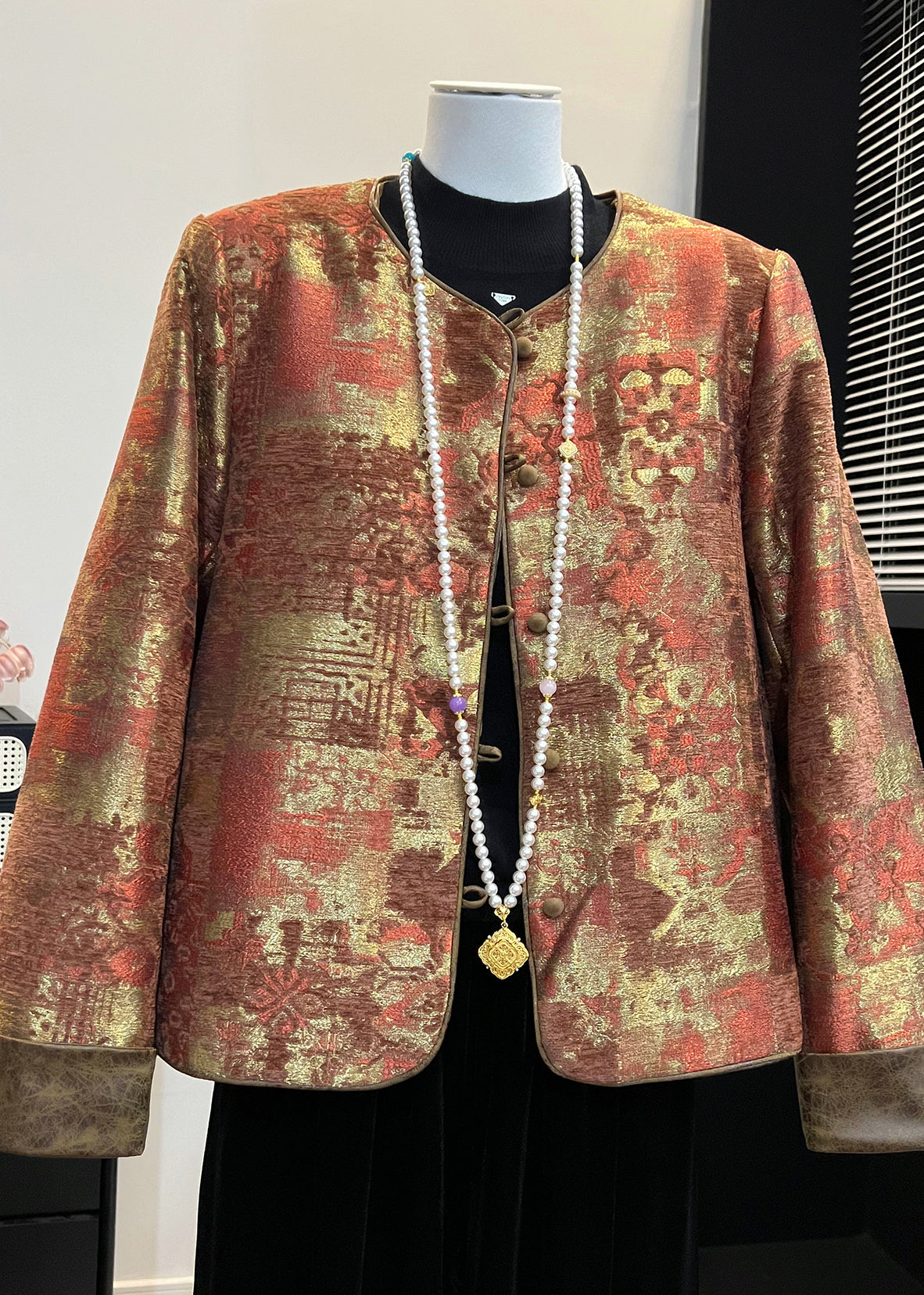 Chinese Style Khaki Oversized Jacquard Silk Coats Spring