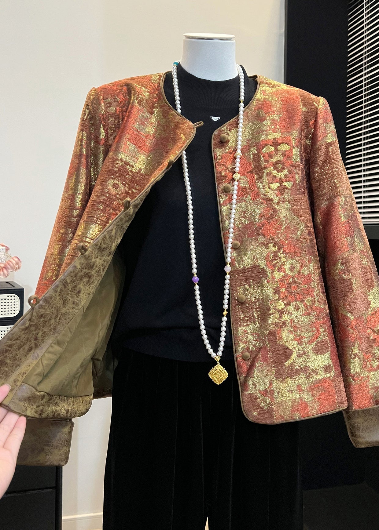 Chinese Style Khaki Oversized Jacquard Silk Coats Spring