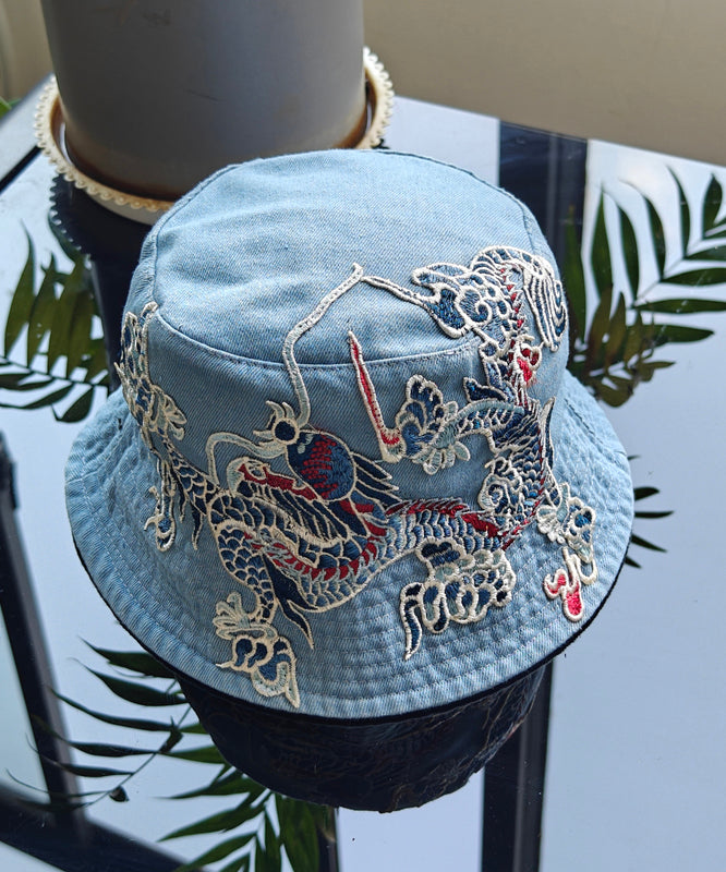 Chinese Style Light Blue Embroidered Denim Bucket Hat