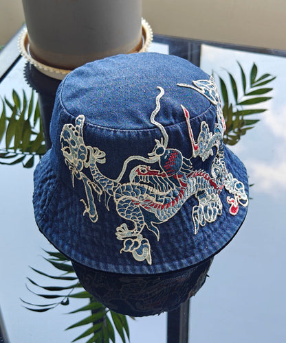 Chinese Style Light Blue Embroidered Denim Bucket Hat