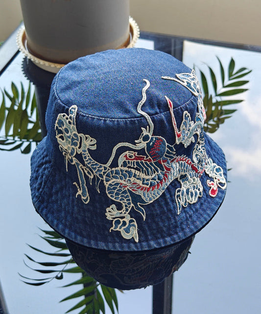 Chinese Style Light Blue Embroidered Denim Bucket Hat
