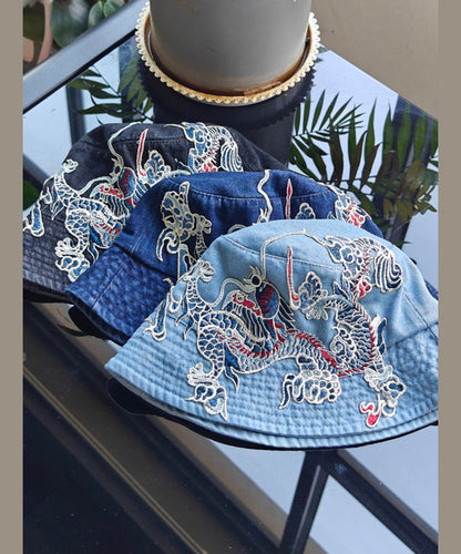 Chinese Style Light Blue Embroidered Denim Bucket Hat
