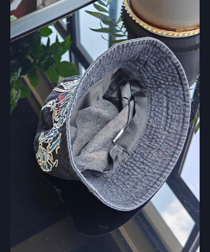 Chinese Style Light Blue Embroidered Denim Bucket Hat