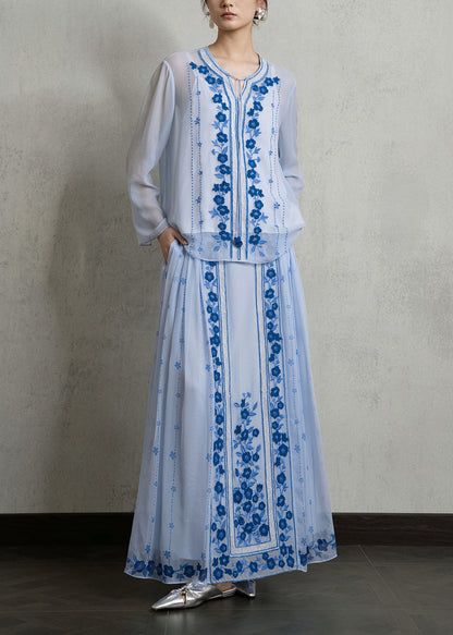 Chinese Style Light Blue O-Neck Top And Modified Mamian Skirt Two Pieces Set Fall