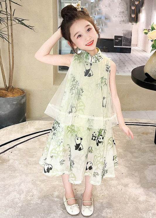 Chinese Style Light Green Animal Print Cape Tulle Girls Maxi Dress Short Sleeve