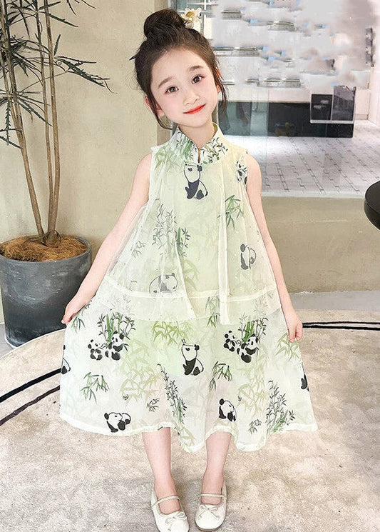 Chinese Style Light Green Animal Print Cape Tulle Girls Maxi Dress Short Sleeve