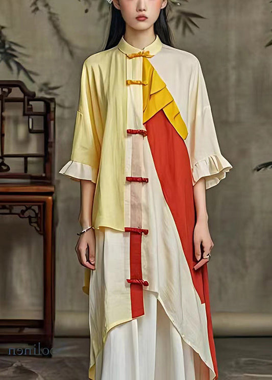 Chinesischen Stil Hellgelb Asymmetrische Patchwork Leinen Hemd Kleid Sommer