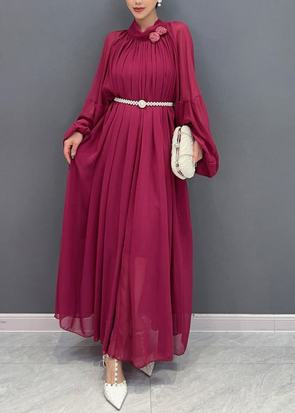 Chinese Style Mulberry Floral Wrinkled Chiffon Long Dress Fall