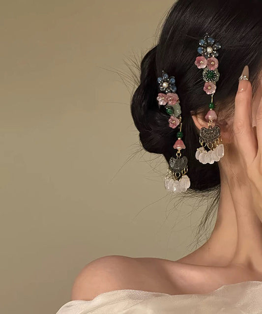 Haarnadeln mit mehrfarbigen floralen Quasten aus Legierung im chinesischen Stil (Paar)