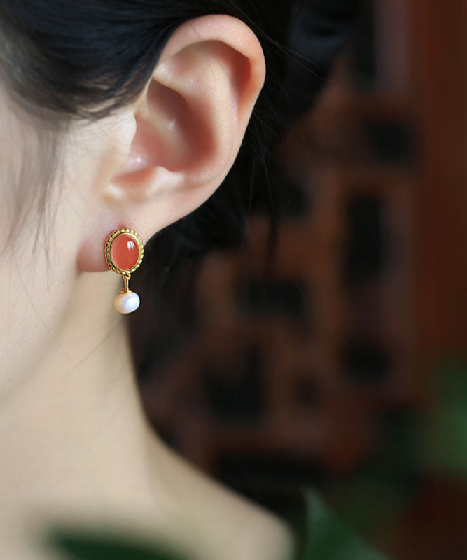 Pendientes colgantes de ágata perlada dorada de plata esterlina multicolor de estilo chino