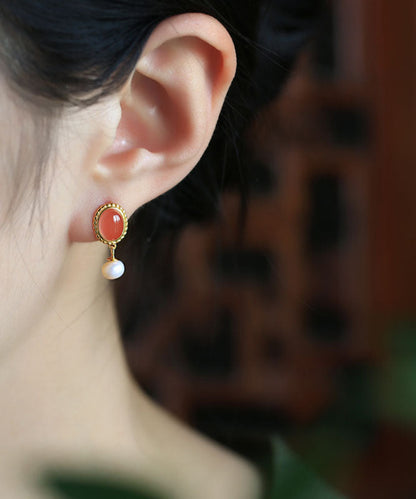 Pendientes colgantes de ágata perlada dorada de plata esterlina multicolor de estilo chino