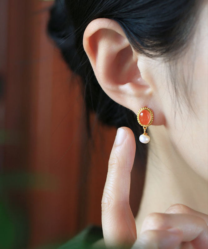 Pendientes colgantes de ágata perlada dorada de plata esterlina multicolor de estilo chino