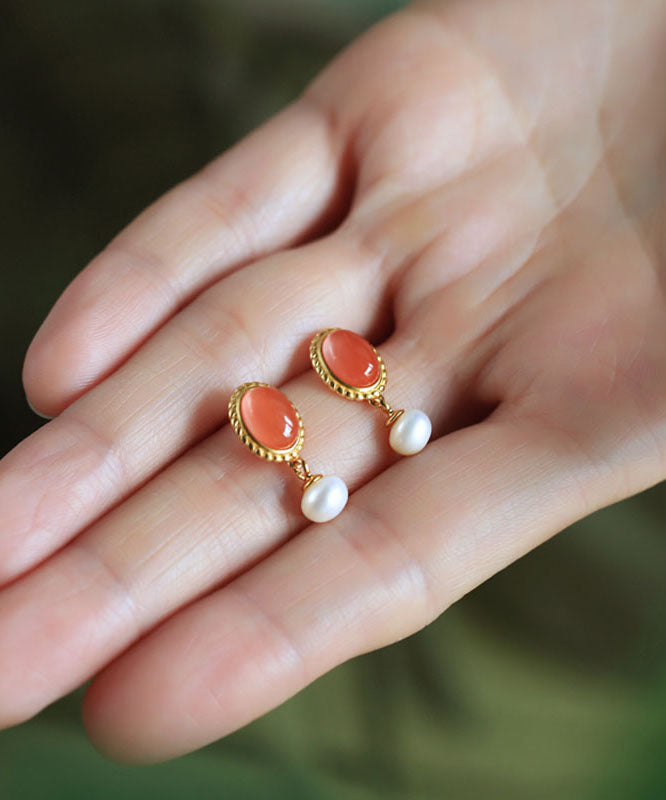 Pendientes colgantes de ágata perlada dorada de plata esterlina multicolor de estilo chino