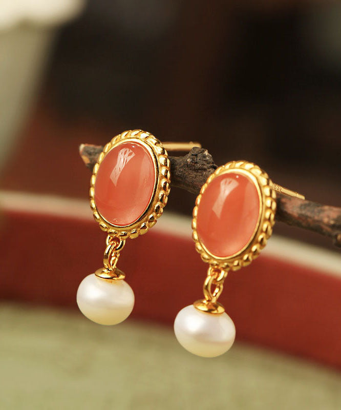 Pendientes colgantes de ágata perlada dorada de plata esterlina multicolor de estilo chino