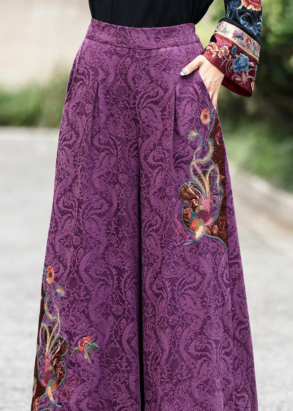 Chinese Style Navy Embroidered Pockets Cotton Pants Fall