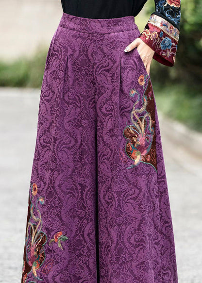 Chinese Style Navy Embroidered Pockets Cotton Pants Fall