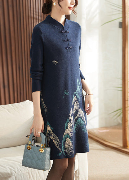 Langes Strickkleid aus Baumwolle im chinesischen Stil mit marineblauem Print und Quasten, Frühlingskleid